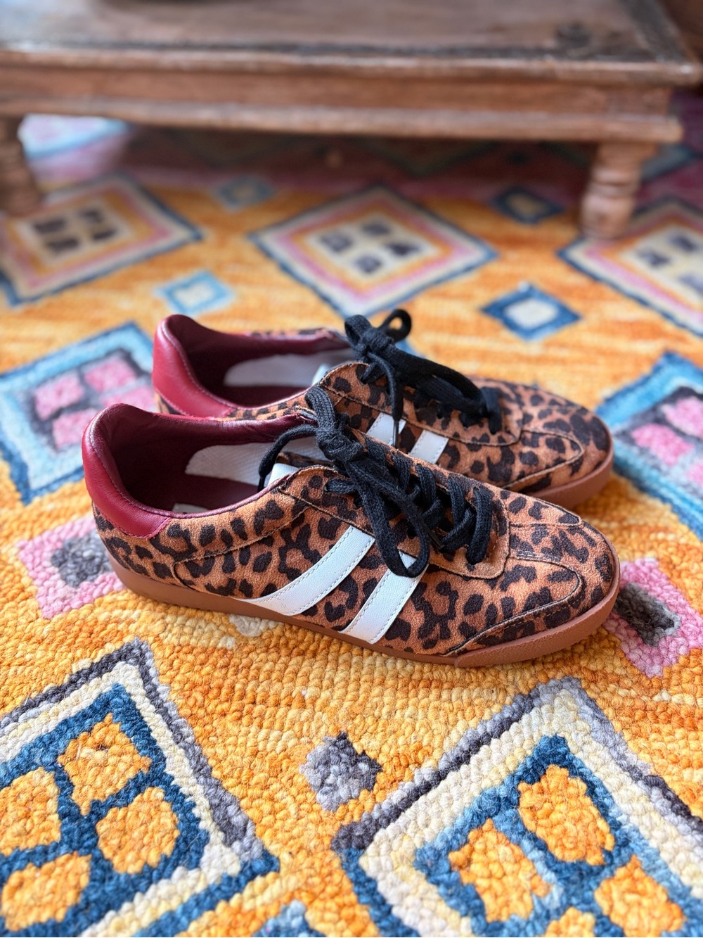 Steve Madden Leopard Print Sneakers with White Stripes and Burgundy Trim